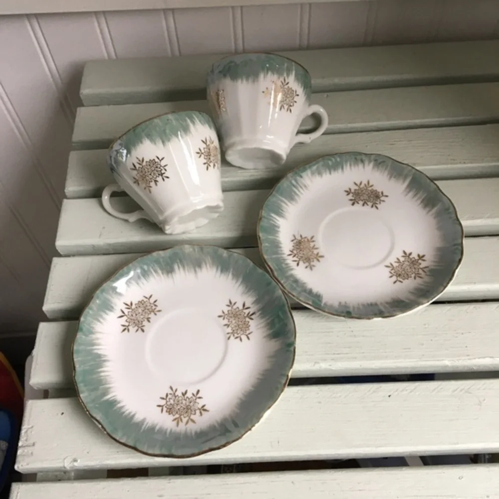 Vintage Demitasse Cups and Saucers Blue & White w/ Gold Trim Accents Set of Two